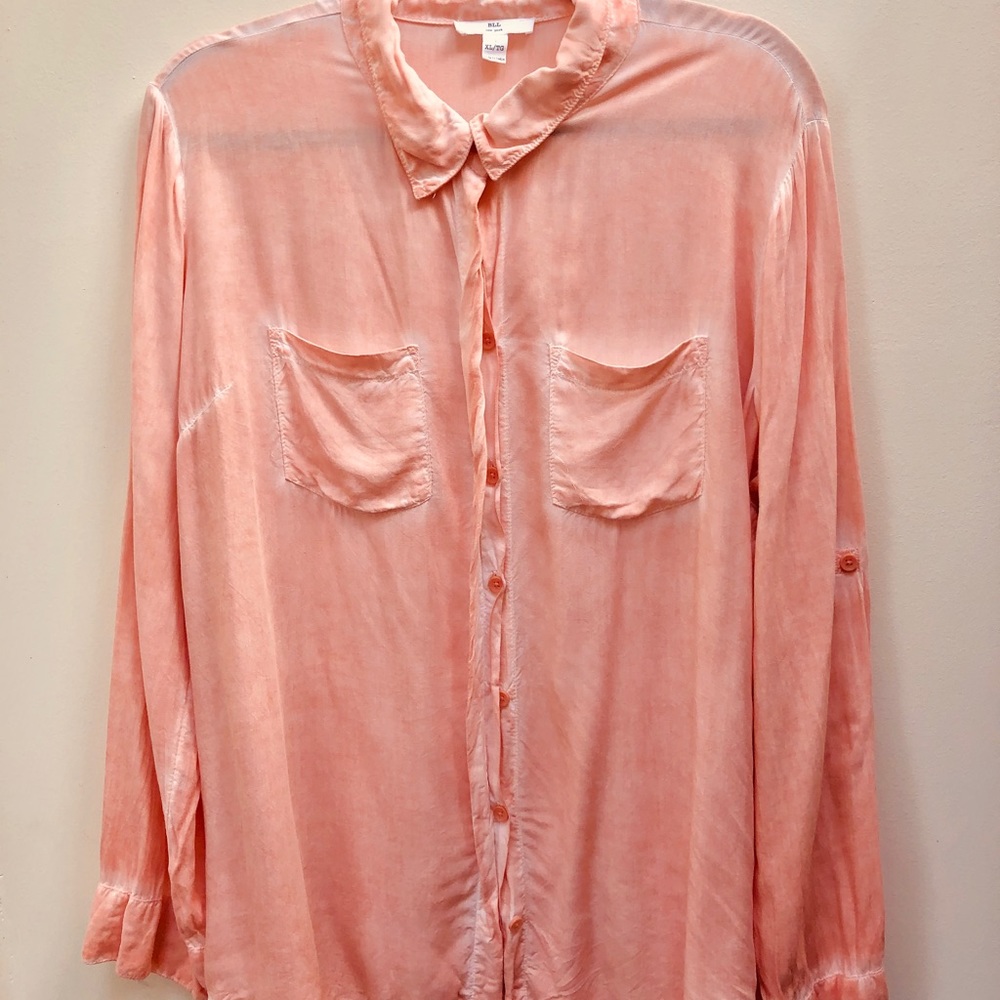 BLL New York Subtle Peach Tie Dye Button Down Blouse Tab Sleeves XL